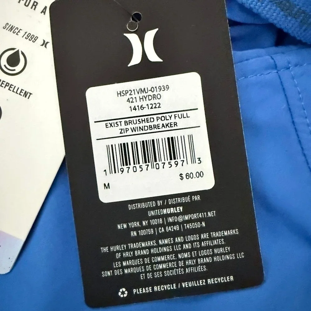 Hurley Mens Exist Brushed Poly‎ Full Zip Size M Windbreaker Blue HSP21VMJ-01939